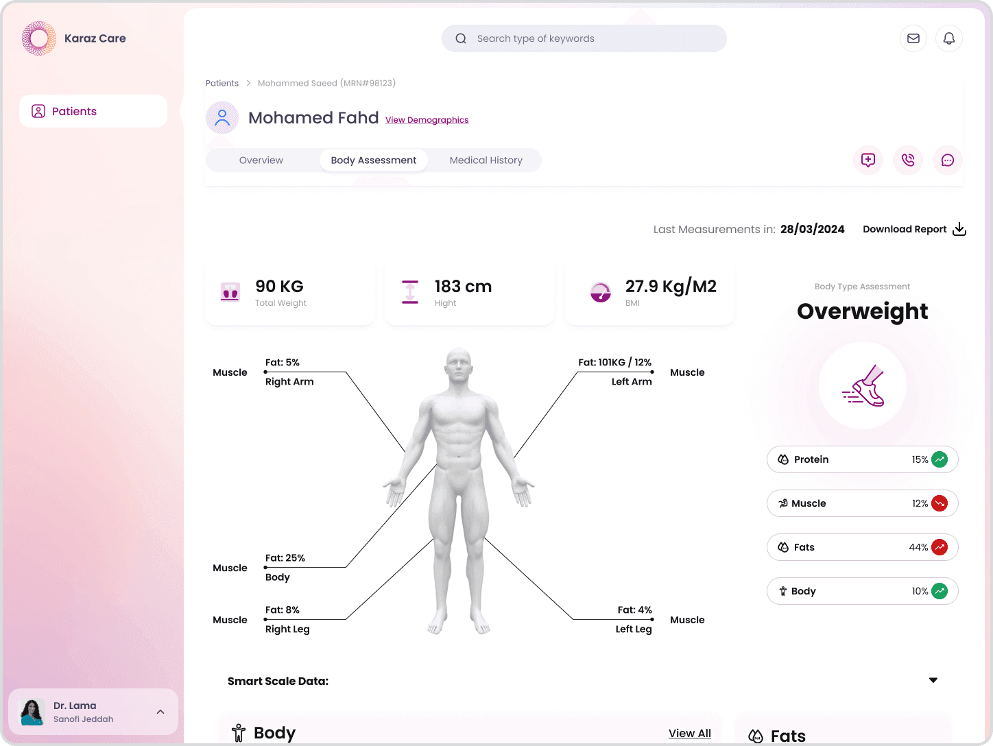 Karaz Health clinician web app, patient body assessment screen