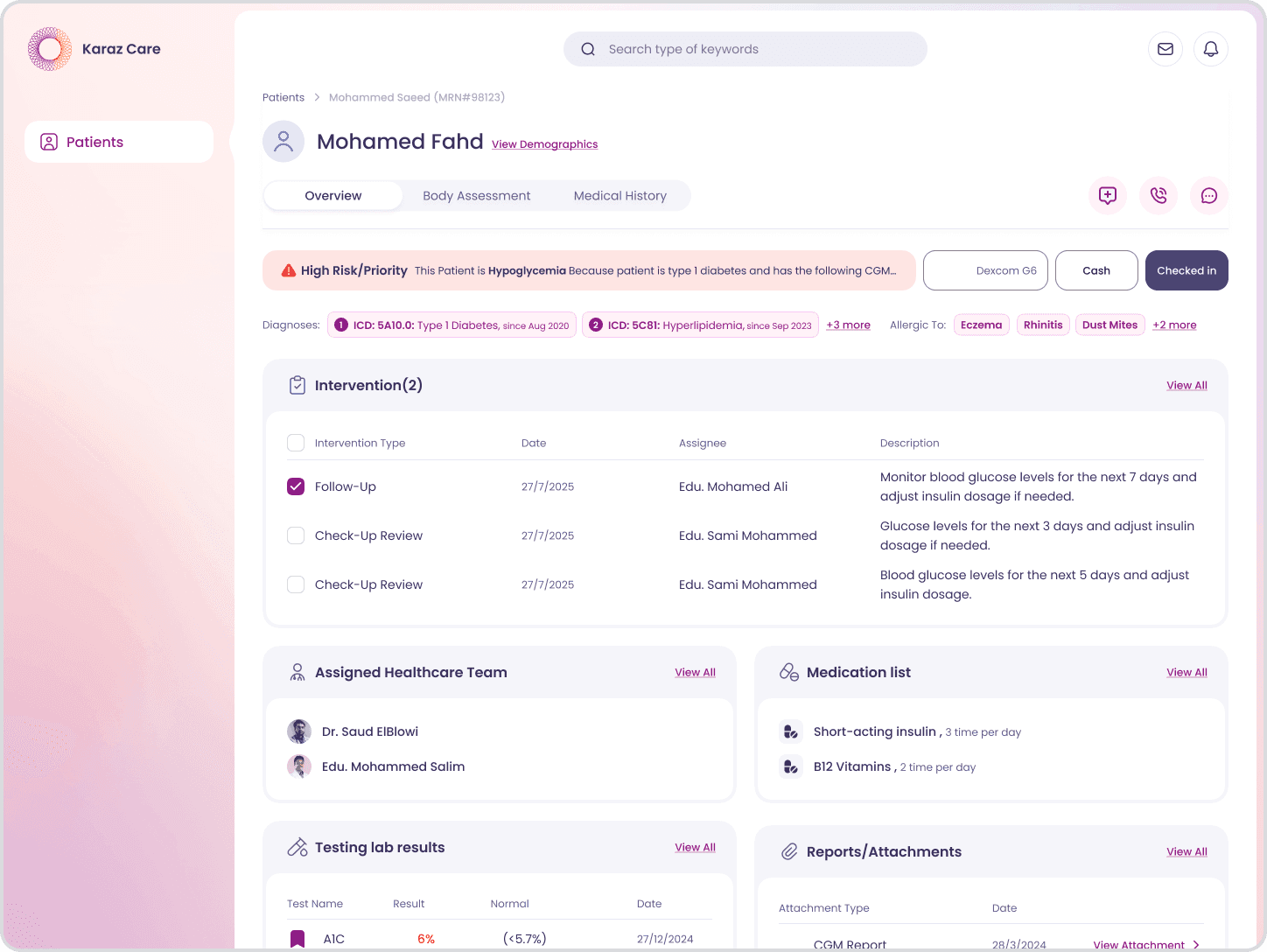 Karaz Health clinician web app, patient record with interventions and reports