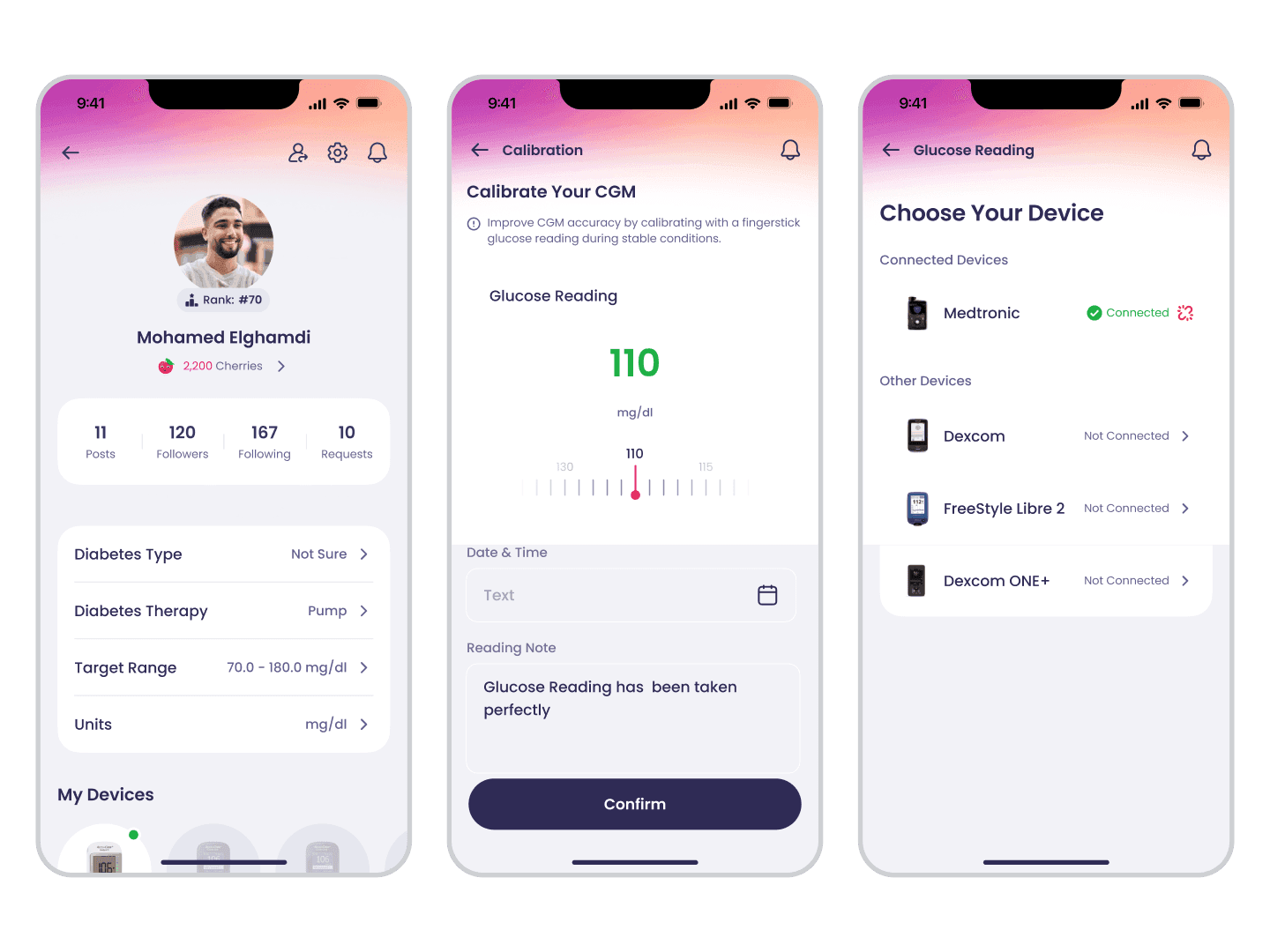 Karaz Health patient mobile app, CGM calibration and device pairing
