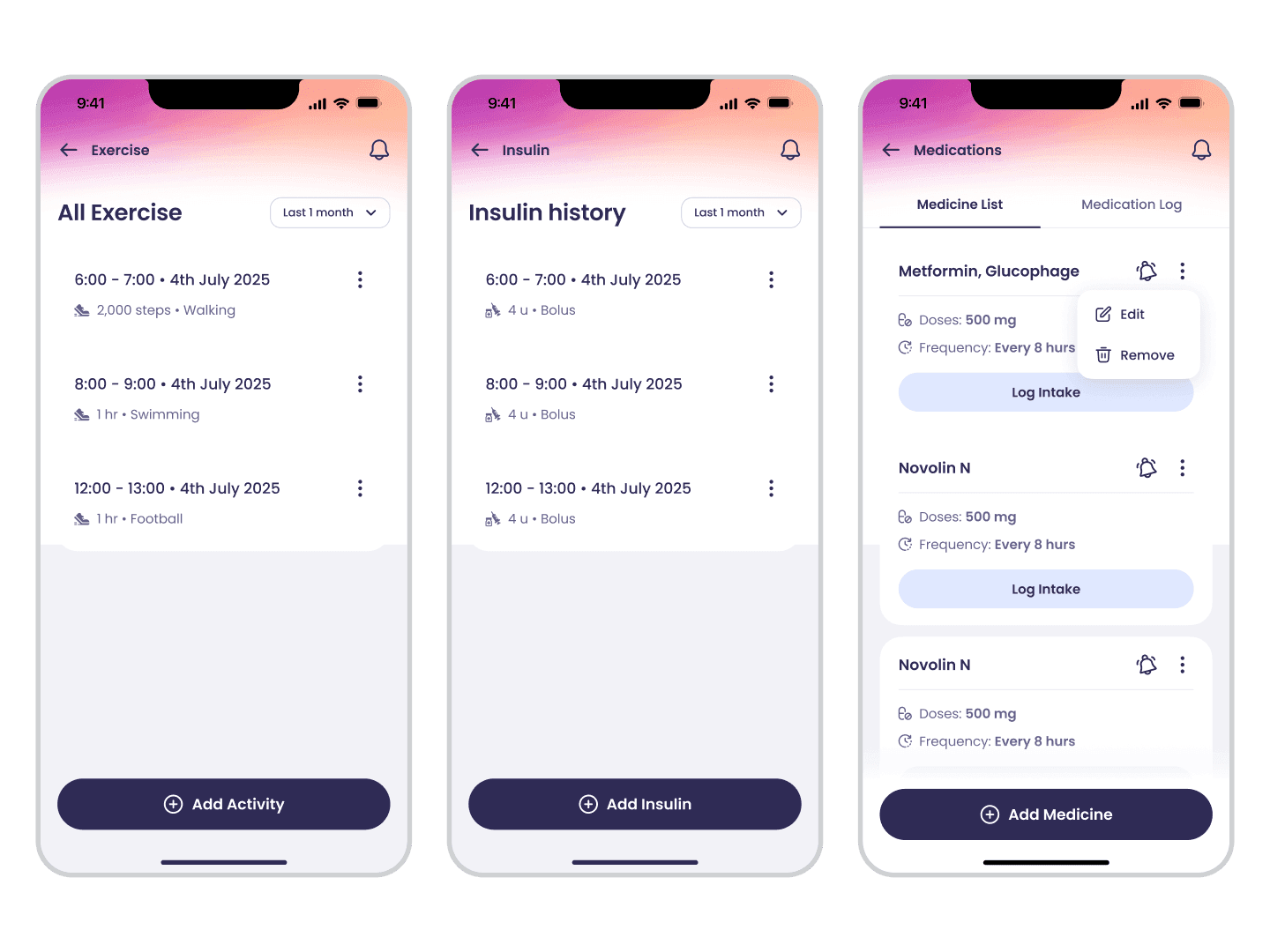 Karaz Health patient mobile app, exercise, insulin, and medication log