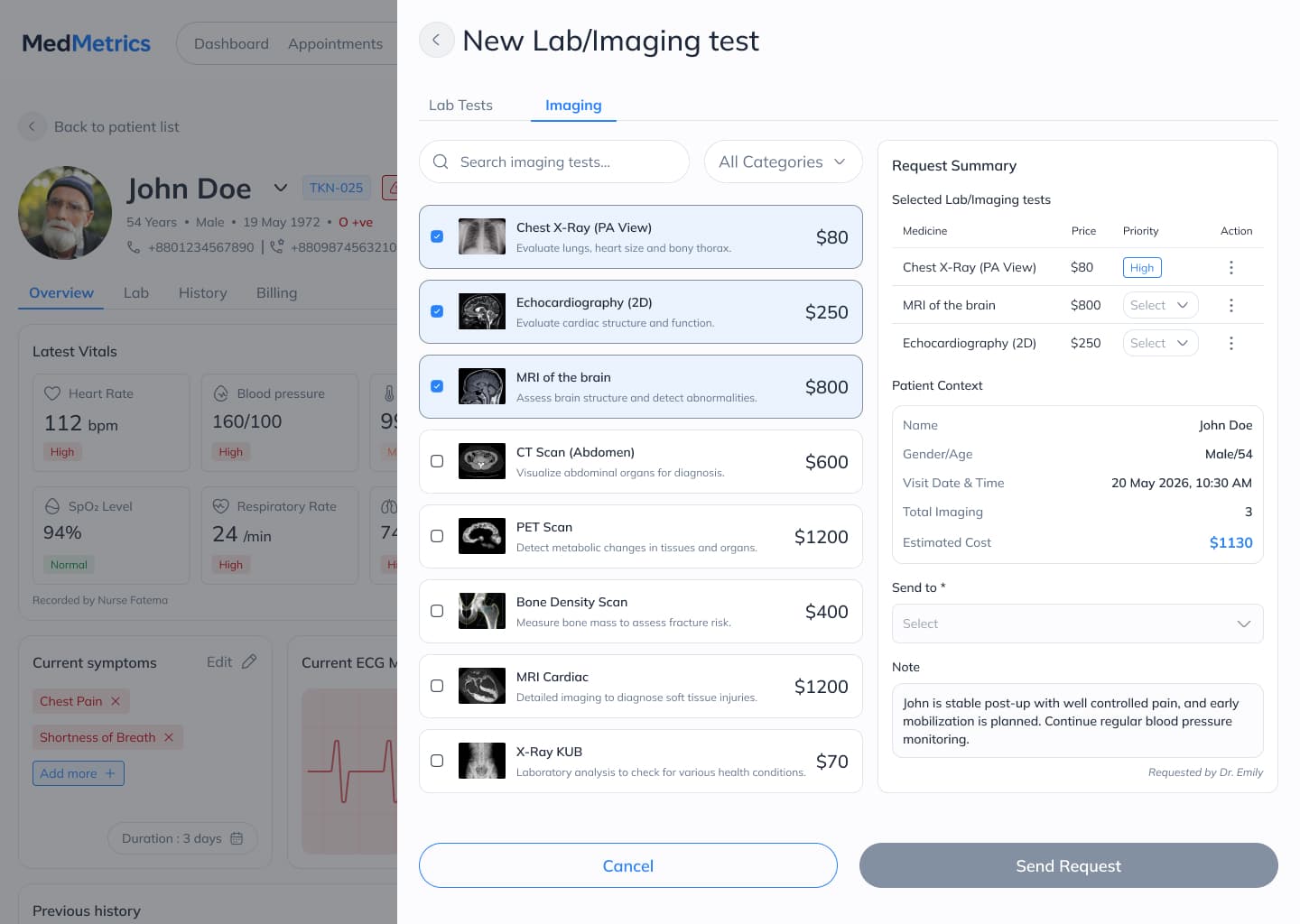 MedMetrics doctor lab and imaging order with request summary and patient context