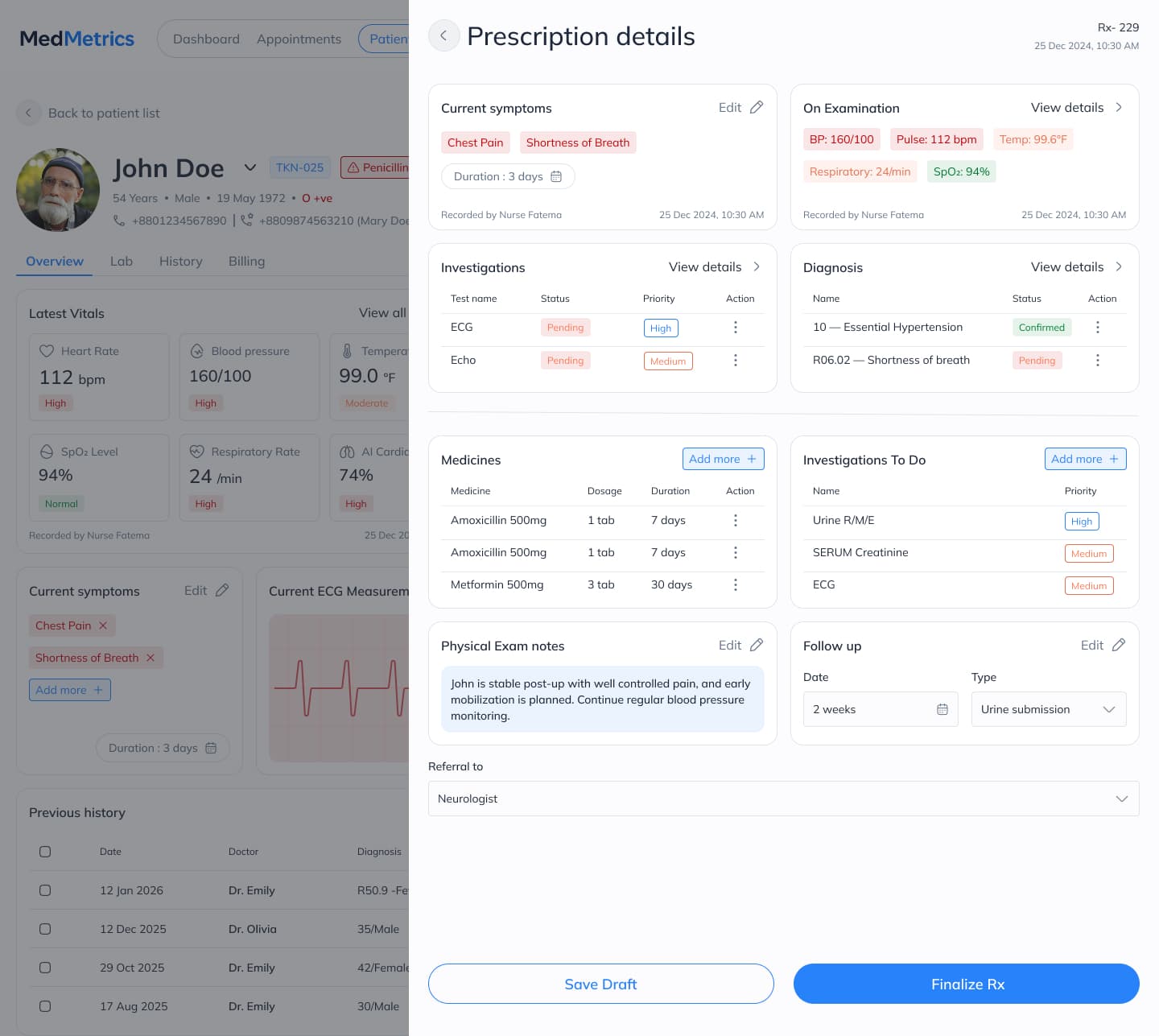 MedMetrics doctor prescription detail with symptoms, examination, and diagnosis