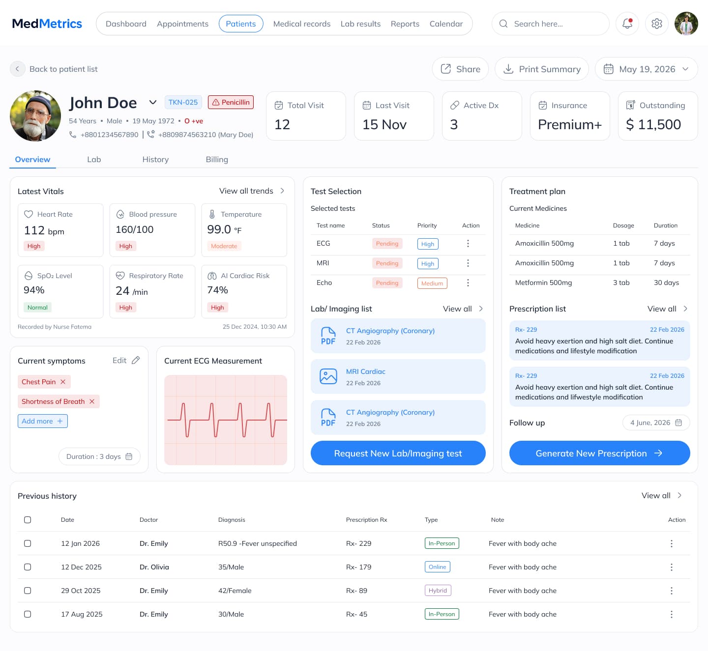 MedMetrics patient record overview with vitals, ECG, treatment plan, and visit history