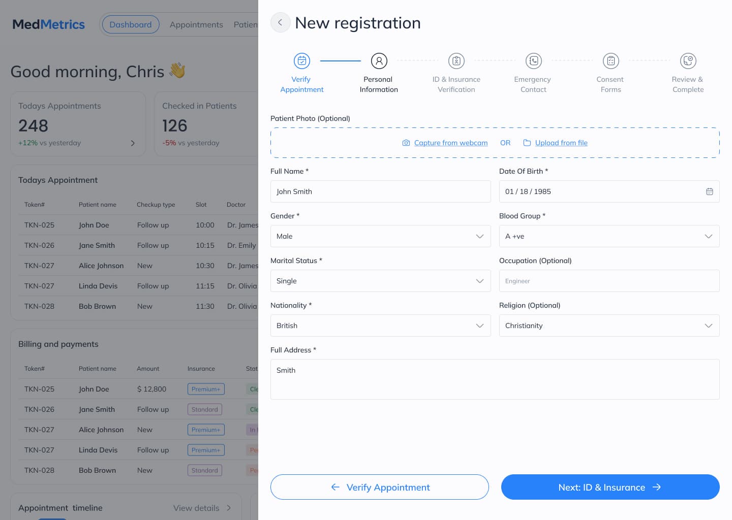 MedMetrics receptionist multi-step patient registration flow