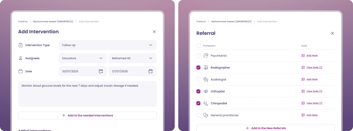 Karaz Care add intervention form and referral profession picker
