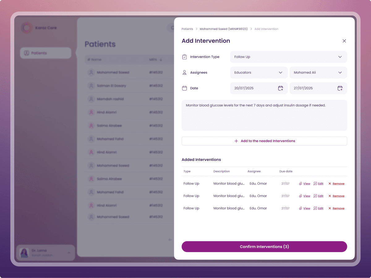 Karaz Care patients directory with the add intervention modal open over it