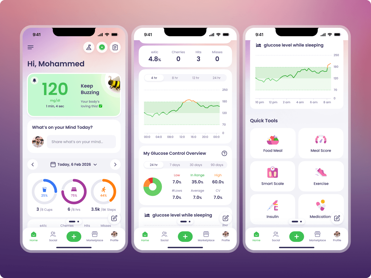Karaz Health patient mobile app, glucose home screen, glucose control overview, and quick tools