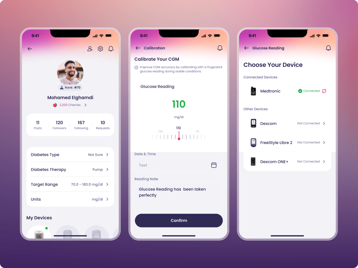 Karaz Health patient mobile app, profile, CGM calibration, and connected device selection